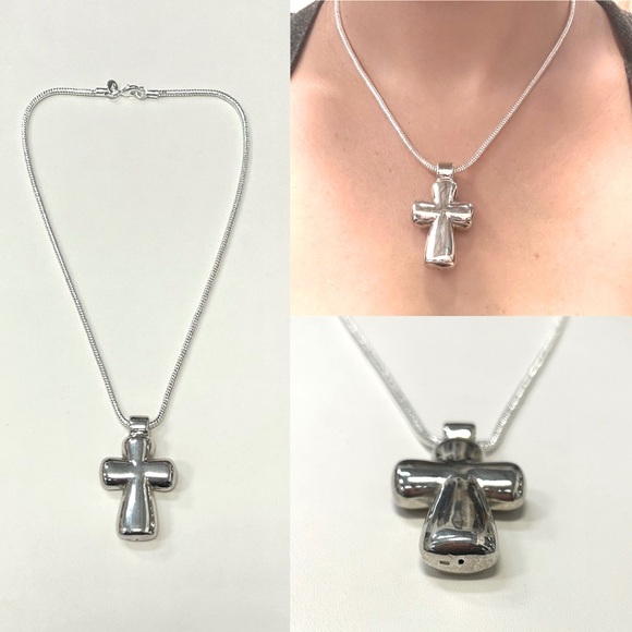 Vintage 925 puffy sterling silver cross pendant & snake chain - Picture 1 of 9